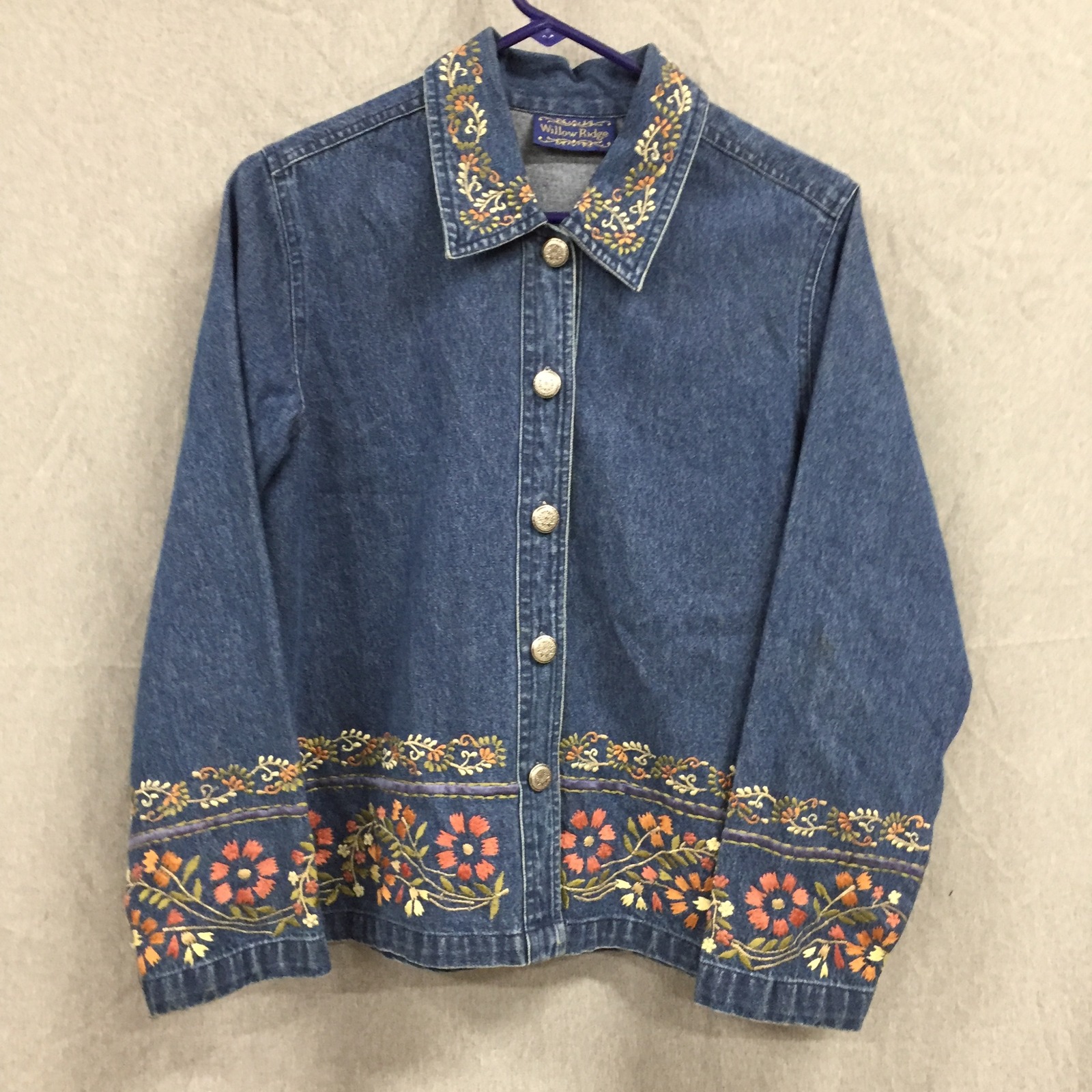 Willow Ridge Floral Embroidered Denim Jacket Blue Cotton Button Up Womens Sp